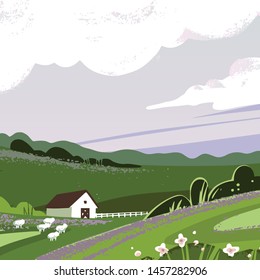Color vector illustration in pastel colors of the countryside with a house, hills, plants, and sheep eating grass.