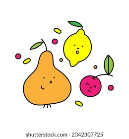 Color vector illustration of pear, lemon and cherry isolated on white background