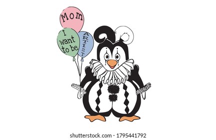 Ilustración de vector de color del pingüino vestido como un arlequín con las palabras mamá que quiero ser artista.