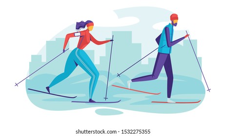 Color vector illustration people in the park are skiing. Flat style poster of seasonal family vacation. A guy and a girl go in for sports outdoors. Winter activities for men and women