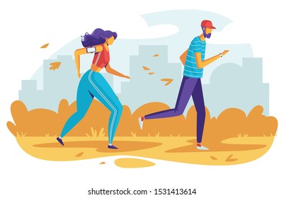 Color vector illustration people running in the park. Flat style poster sport activities outdoors. Autumnal nature with tall buildings in the background. The couple are preparing for the marathon