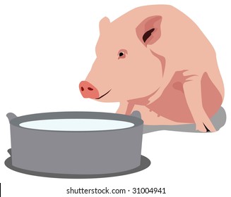 Color vector illustration of a pig sitting next to the trough and waiting for food.