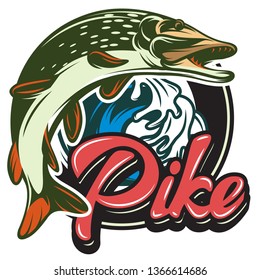 Color vector illustration with pike and calligraphy lettering.