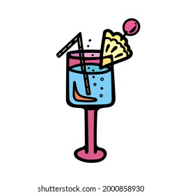 Color vector illustration of a pink wine glass of cocktail with bubbles, pineapple and berries. Icon for bar and club, logo, website, party, cafe menu, bar menu, logo for restaurant design.