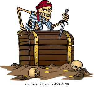 color vector illustration of pirate skeleton with treasure chest