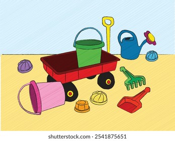 color vector illustration of plastic toys in sandbox