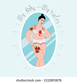 La ilustración del vector de color de una chica más grande toma un selfie. Afiche hecho mano con la inscripción en la parte superior. Chica posando en ropa interior. Reflexión en el espejo de una mujer curvada con tatuaje.