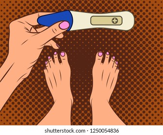 Color vector illustration of pop art comic style. A girl makes a pregnancy test. A girl with a positive pregnancy test result. Female hand holds test.  Top view