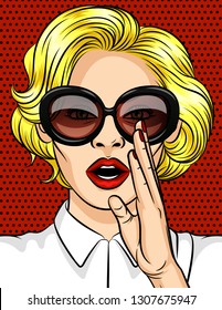 Color vector illustration in pop art style. The girl the blonde in dark glasses tells a secret. A beautiful lady with red lips holds her hand at her mouth. The girl over the red dotted background 