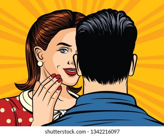 Color vector illustration of pop art style girl whispering a secret to a man’s ear. The girl tells the information in confidence. A man and a woman are talking. Girl holds hand at mouth 