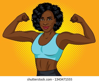 Color vector illustration of a pop art style of a female athlete demonstrating her muscles. African american girl showing good shape. Character for a sports club, gym. The girl is training. 