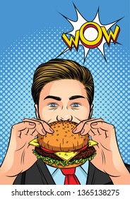 Color vector illustration of a pop art man eating a burger. Office worker bites a hamburger. Businessman enjoying lunch. A man with a cheeseburger in his hand. Advertising poster with Wow inscription