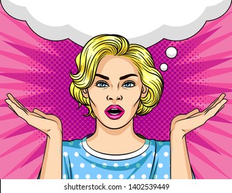 Color vector illustration in pop art style with a speech bubble over halftone dot pink background. Beautiful young woman shrugs. The girl can not choose. Blonde puzzled shrugs.