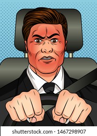 Color vector illustration in pop art comic style. A man holds the steering wheel in his hands and rides in a car. Businessman hides his emotions. Man with a red face with rage.