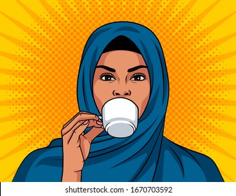 Color vector illustration in pop art style. Beautiful muslim woman in a traditional shawl on her head is drinking a coffee. Arabian woman hold cup of coffee in her hand