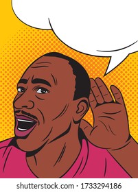 Color vector illustration in pop art style. A dark-skinned man with a surprised face. African American man in shock. Emotional male face. Male with open mouth and speech bubble.