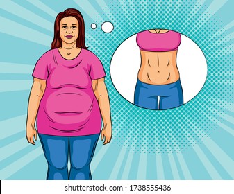 Color vector illustration in pop art style. Nice girl overweight. The girl dreams of losing weight. Woman wants to remove belly fat