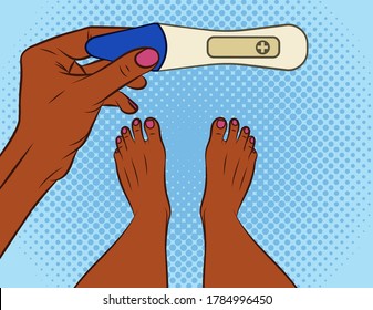 Color vector illustration pop art comic style. A girl makes a pregnancy test. African american girl with a positive pregnancy test . Female hand holds test. Design concept banner about motherhood