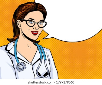 Color vector illustration in pop art style. Doctor woman smiling. A doctor in a white coat with a stethoscope around his neck. Doctor in uniform on a yellow halftone dot background