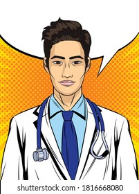 Color vector illustration in pop art style. Male doctor with a stethoscope around his neck. Portrait of a doctor of Asian appearance in a white uniform. Asian clinic promotion poster