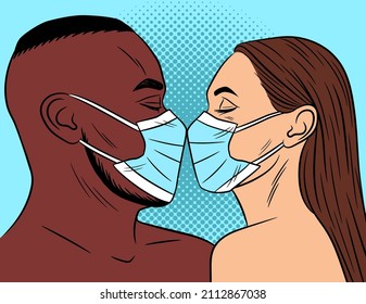 Color vector illustration in pop art style. An African American man and a white woman look at each other. Conceptual poster against covid. Guy and girl in protective masks.