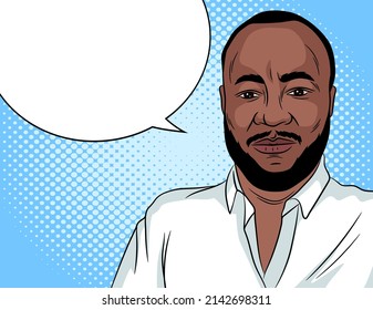 Color vector illustration in pop art style. A businessman in a white shirt stands on a blue background. Successful African American man with beard. Concept design for business application