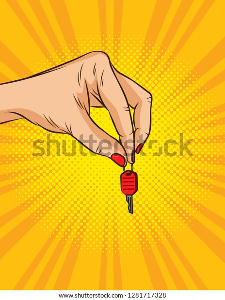 Color vector illustration in pop art style.\
Female hand holds keys to the vehicle. The hand of the owner passes\
the key. Advertising poster about renting or selling a car or house\
for the new customer