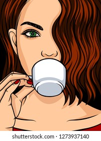 Color vector illustration of a portrait of a beautiful girl. The face of a young girl with brunette hair. Modern young girl with cup of coffee in her hand. The girl drinking coffee or tea.