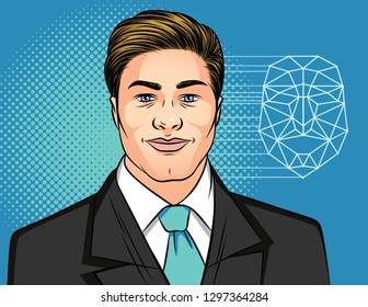 Color vector illustration of a portrait of a man in a business suit on a blue background. Successful businessman in a suit with tie. Computer technology for recognizing human faces. Service read data