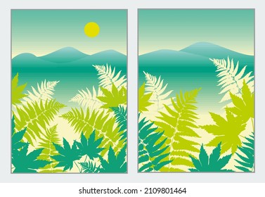 Farbvektorgrafik. Poster für Kinderzimmer. Bilder. Landschaft. Fern, Berge, Sonne, Fluss. Kombination. Türkis und hellgrüne Farben.