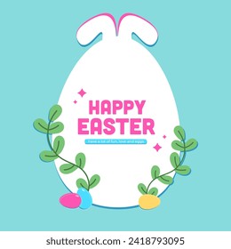 color vector illustration of a poster in the shape of an egg with bunny ears and the inscription Happy Easter