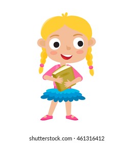 Color vector illustration of pretty blonde girl stand with green book. Happy hipster kid isolated on white background. Funny cartoon character used for child books, stickers, posters.