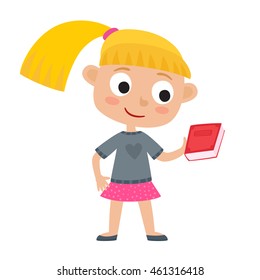 Color vector illustration of pretty blonde girl stand with red book. Happy hipster kid isolated on white background. Funny cartoon character used for child books, stickers, posters.