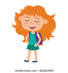 Color vector illustration of pretty stylish red haired girl stand with backpack. Happy hipster kid isolated on white background. Funny cartoon character used for child books, stickers, posters.