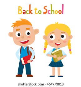 Color vector illustration of pretty stylish girl and boy stand with book and backpack. Happy kid isolated on white background. Funny cartoon pupil used for child books, stickers, posters.
