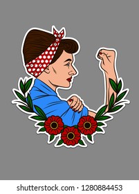 Color vector illustration for printing on T-shirts. Beautiful girl shows a fist in protest. Design sticker portrait of a girl in vintage style with flower ornament. Female feminist tattoo concept