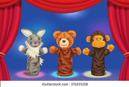 Color vector illustration of puppet theater. Dolls on stage