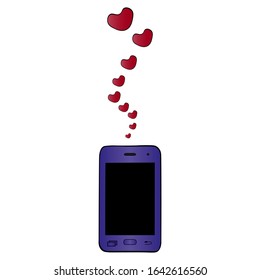 Color vector illustration of a purple smartphone. Space for text. Device on a white isolated background. Idea for design of a greeting card, invitation.  Hearts are flying.