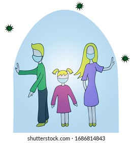 Color vector illustration of quarantine on the background of an outbreak of coronavirus infection Covid-19. Family in medical masks under a glass bell. Isolated background.  Better to stay at home.