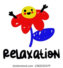 Color vector illustration of relaxation, flower with emotions, doodle style and sketches. A large multicolored flower with human emotions and branded benevolence in the interpretation of the child