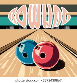 color vector illustration in retro style depicting elements of bowling for the design of interiors and scenes in the style of recreation and sports