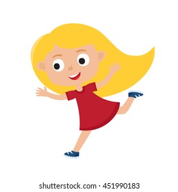 Color vector illustration of running girl isolated on white background. Happy small blonde child. Cheerful hipster kid. Cartoon pretty girl used for child books, stickers, posters.