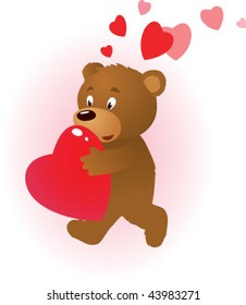 color vector illustration with running toy bear carrying a red heart