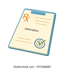 Color vector illustration of RX form for prescription drugs with doctor's stamp.