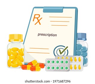 Color vector illustration of RX form doctor prescription. Medicines with medical blank on white background in cartoon style. Medical uniform. Healthcare document, pills in capsules, in a jar, blister.