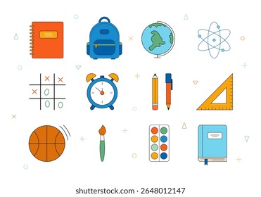 Color vector illustration of school supplies and education icons: backpack, globe, notebook, clock, ruler, brush, ball and more. Cartoon style. Poster. Web icons. Print for clothes.