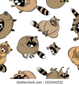 Color vector illustration, seamless pattern, cartoon raccoons