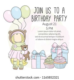 Color Vector Illustration Set BIRTHDAY INVITE for Digital Print, Holidays, Wall Art, Scrapbooking, Photo Album Design and Digital Paper