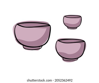 color vector illustration of a set of bowls. A doodle-style cooking tool on an isolated background 