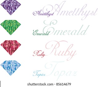 color vector illustration with set of brilliant cut gems and their names isolated on white background
